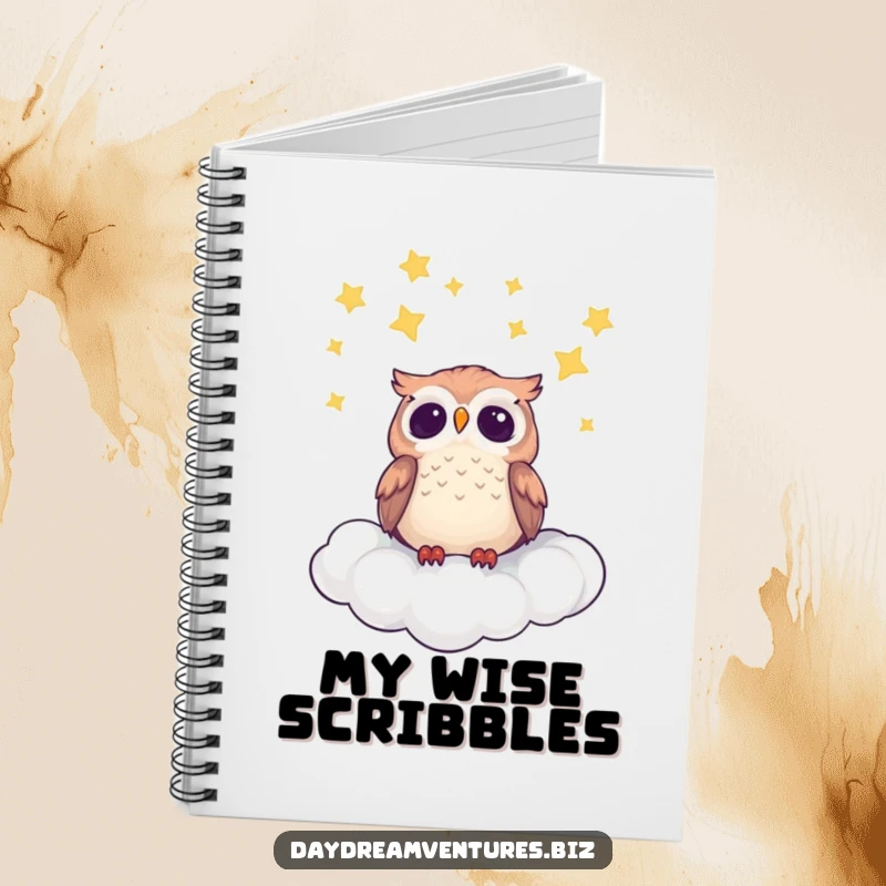 Cute owl character on a notebook, gazing at stars from a cloud, inspiring magical writing.