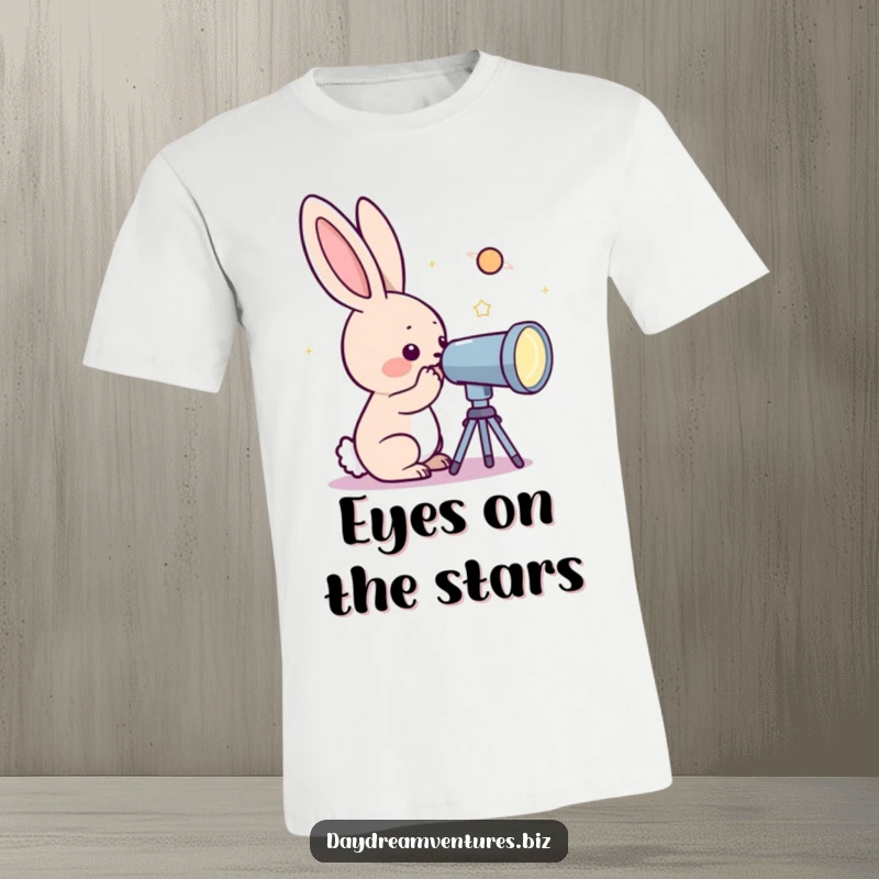 Funny curious rabbit looking through a telescope at a distant sparkling planet, on a t-shirt, a humorous design.
