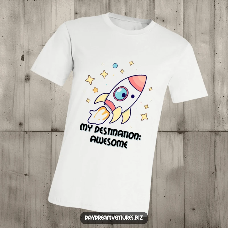 Funny rocket ship t-shirt, a whimsical character on an exciting journey through bright stars, great for space fans and a funny gift.