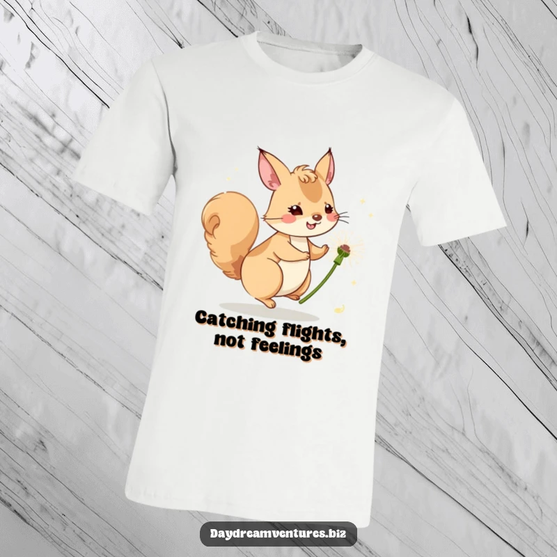 Funny whimsical squirrel riding a dandelion seed, soaring on the wind, on a t-shirt, a humorous design.