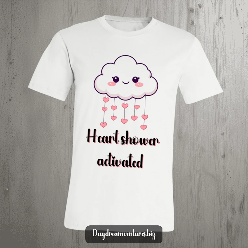 Funny cloud t-shirt, a playful character showering tiny sparkling hearts, a symbol of love and happiness, a great funny gift.