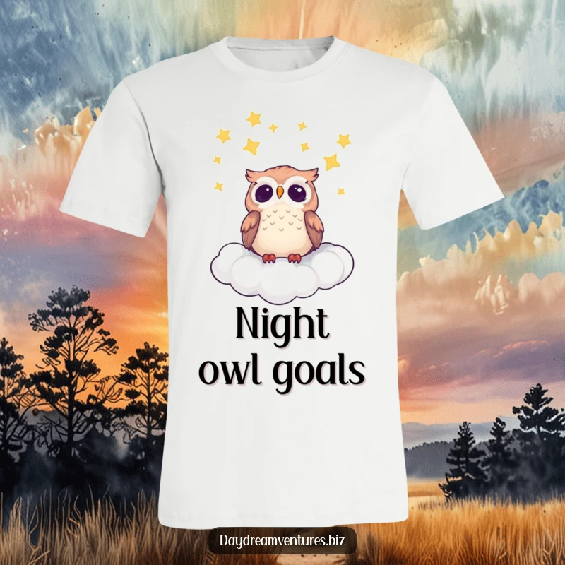 Cute owl character perched on a cloud, gazing at a starry night sky, embodying whimsical wonder.