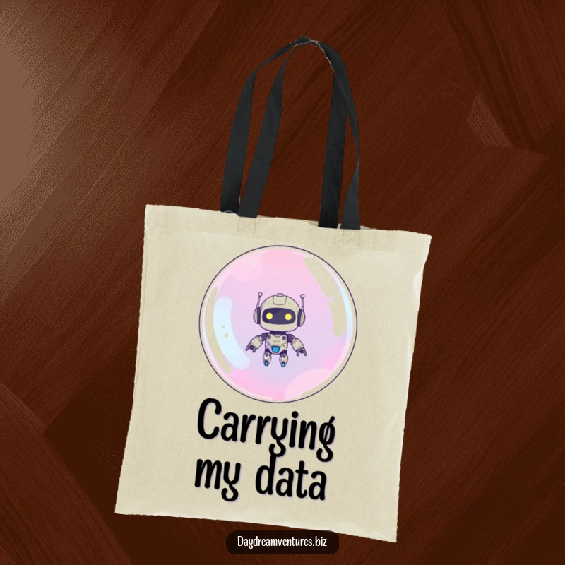 Funny robot tote bag with a cute robot floating upwards on a giant bubble, a practical and humorous sci-fi accessory.