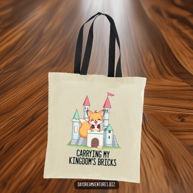 Funny happy fox character building a fantastical castle out of blocks, on a tote bag, a creative and humorous accessory.