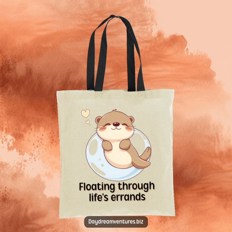 Funny otter floating on a giant bubble, dreaming, on a durable tote bag, a practical and humorous item.