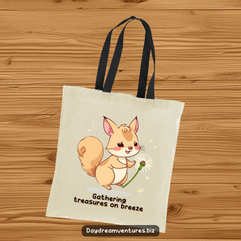 Funny squirrel character riding a dandelion seed, on a durable tote bag, a whimsical and practical item.