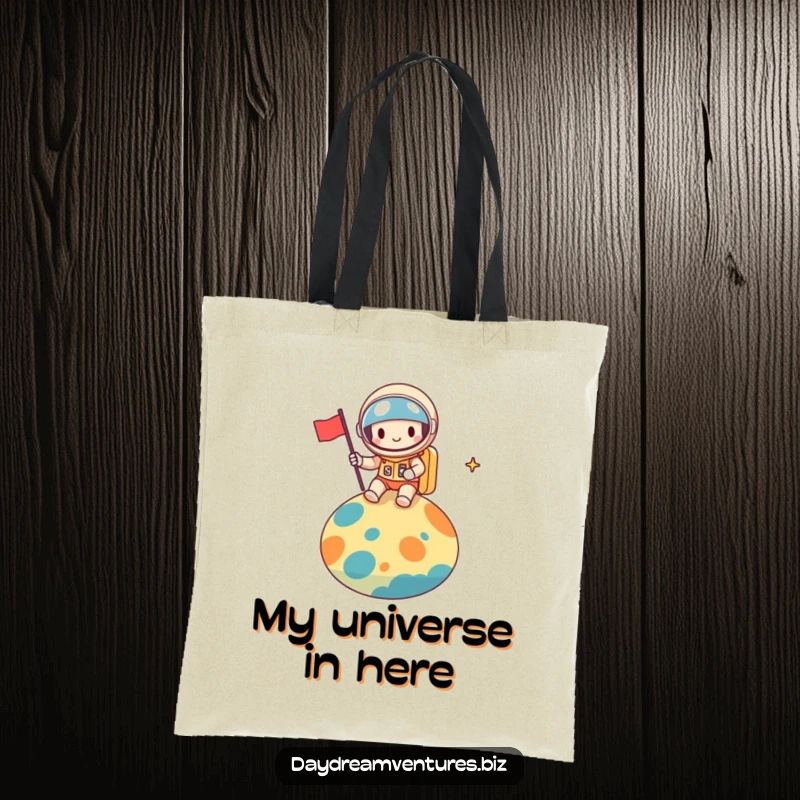 Funny space explorer tote bag, a cheerful character planting a flag on a new planet, perfect for explorers and a funny gift.